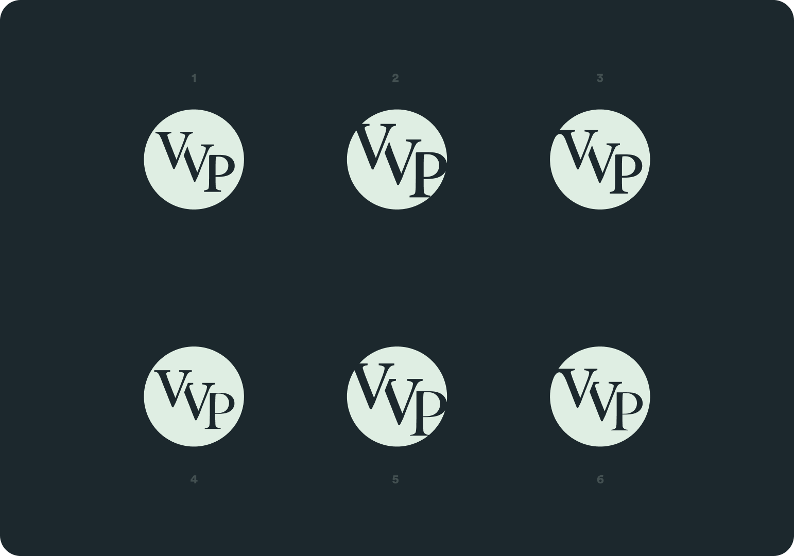 Six light green circles, each with dark VVP text, arranged in a grid on a dark background.