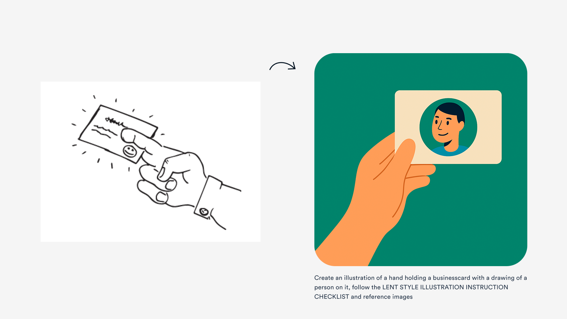 A black and white sketch of a hand holding a card next to a colorful illustration of a hand holding a business card with a person's portrait.