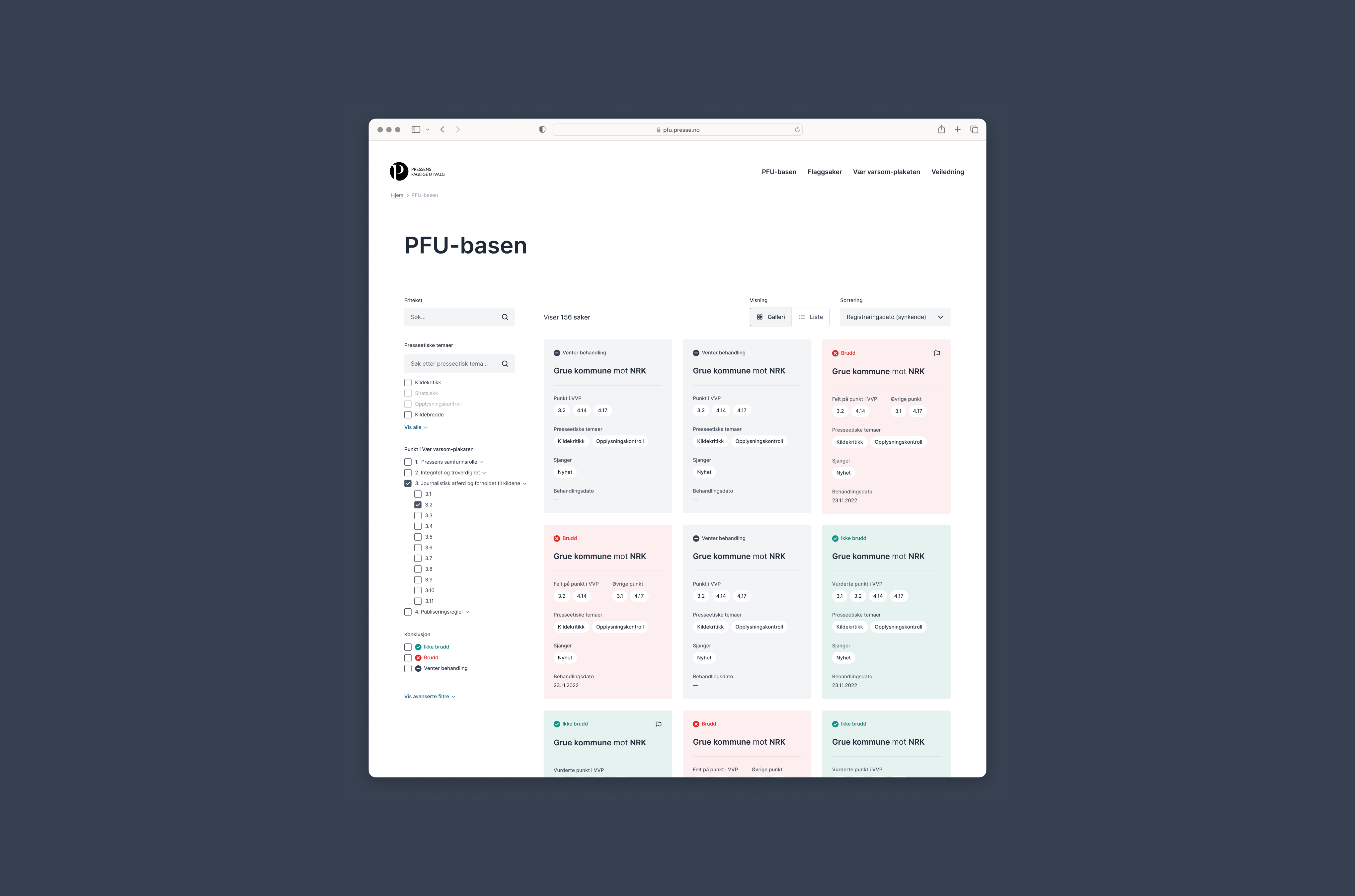 A web interface titled "PFU-basen" with a filter sidebar and a grid of colored data cards.