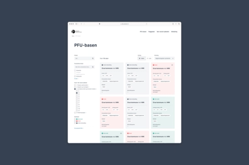 A web interface titled "PFU-basen" with a filter sidebar and a grid of colored data cards.