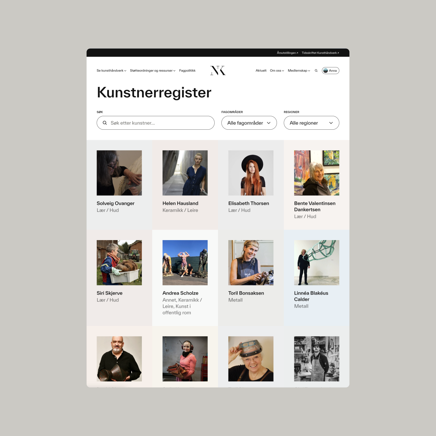 a computer screen displays a website called kunstnerregister