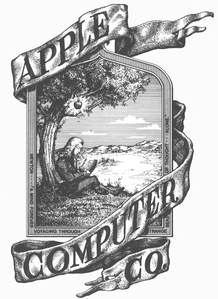 Apple gammel logo. Detaljert illustrasjon med Newton som leser i en bok med et eple over. Grafikk.
