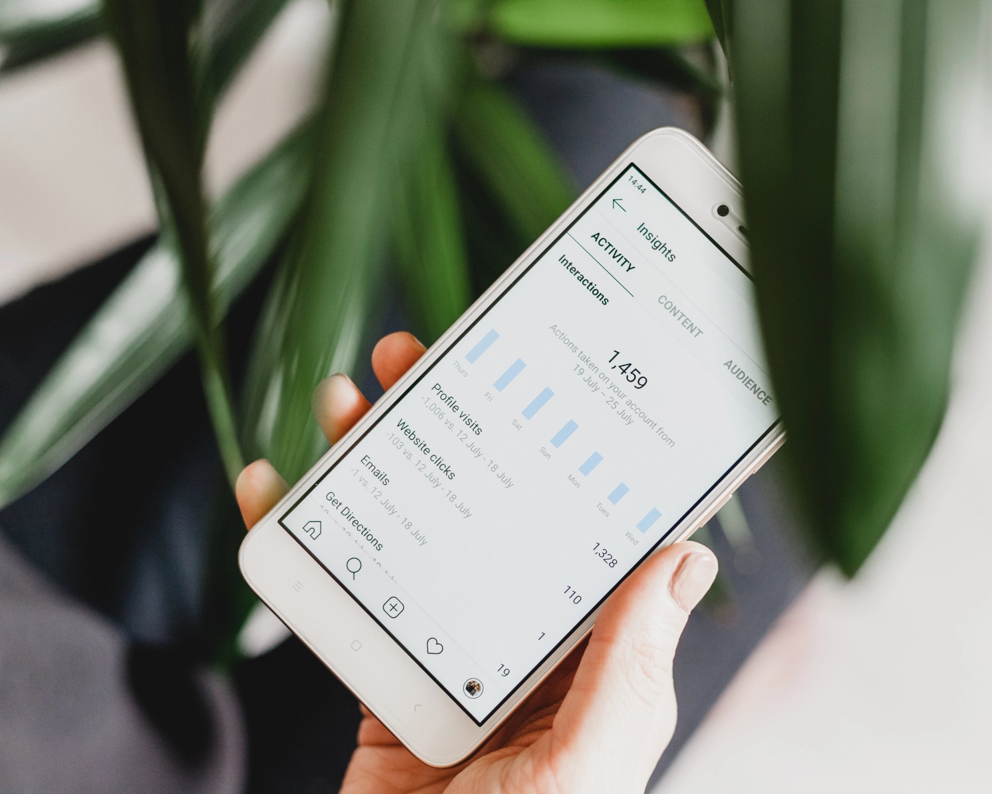 Person holder mobil som viser et utdrag av Google Analytics og webstatistikk