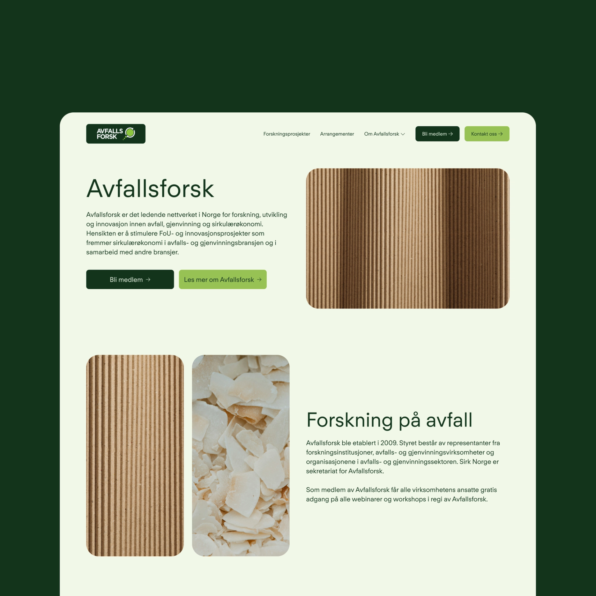a web page for avfallsfork with a green background