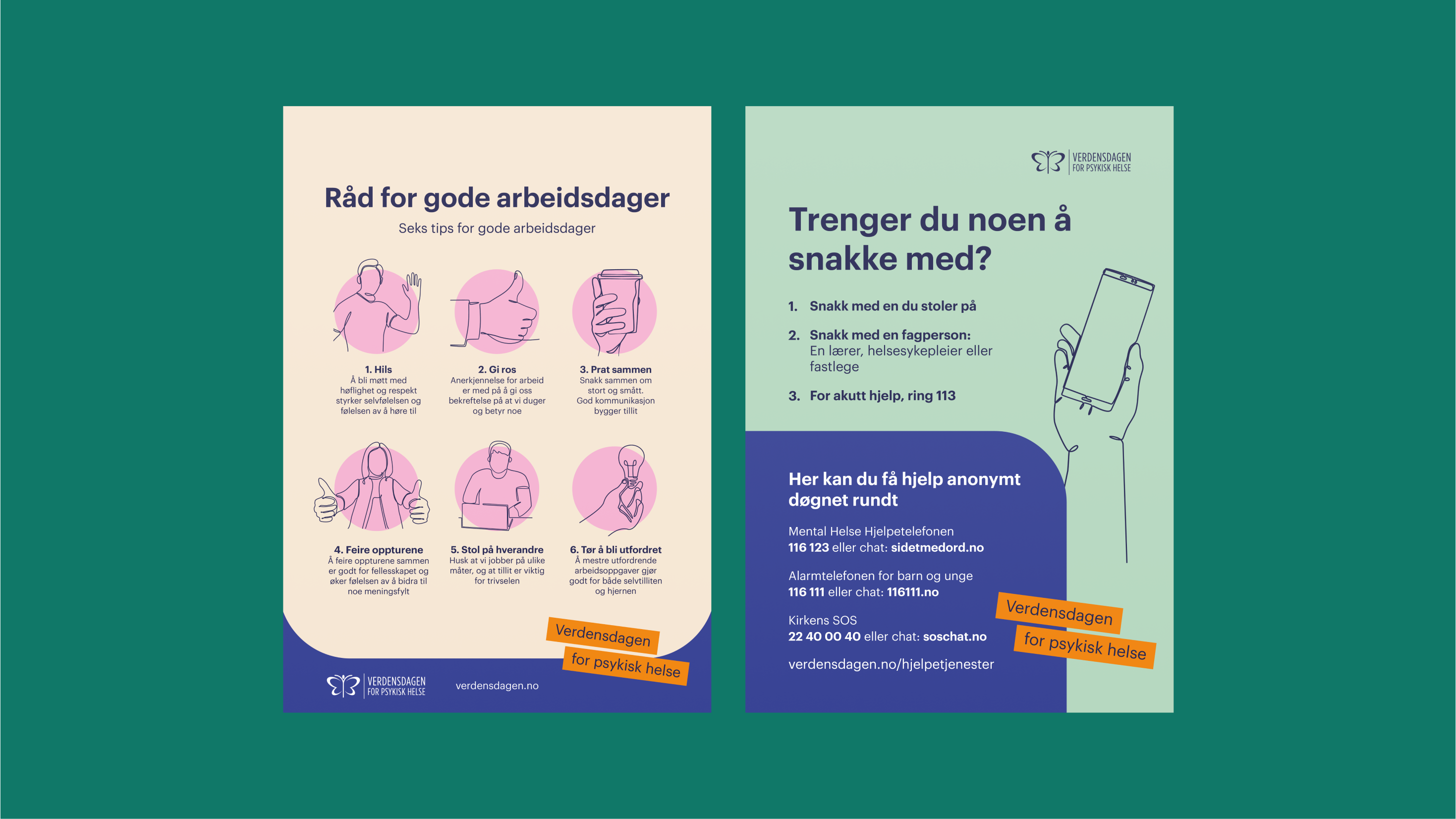 Plakater med strekillustrasjoner og titlene "Råd for gode arbeidsdager" og "Trenger du noen å snakke med?"