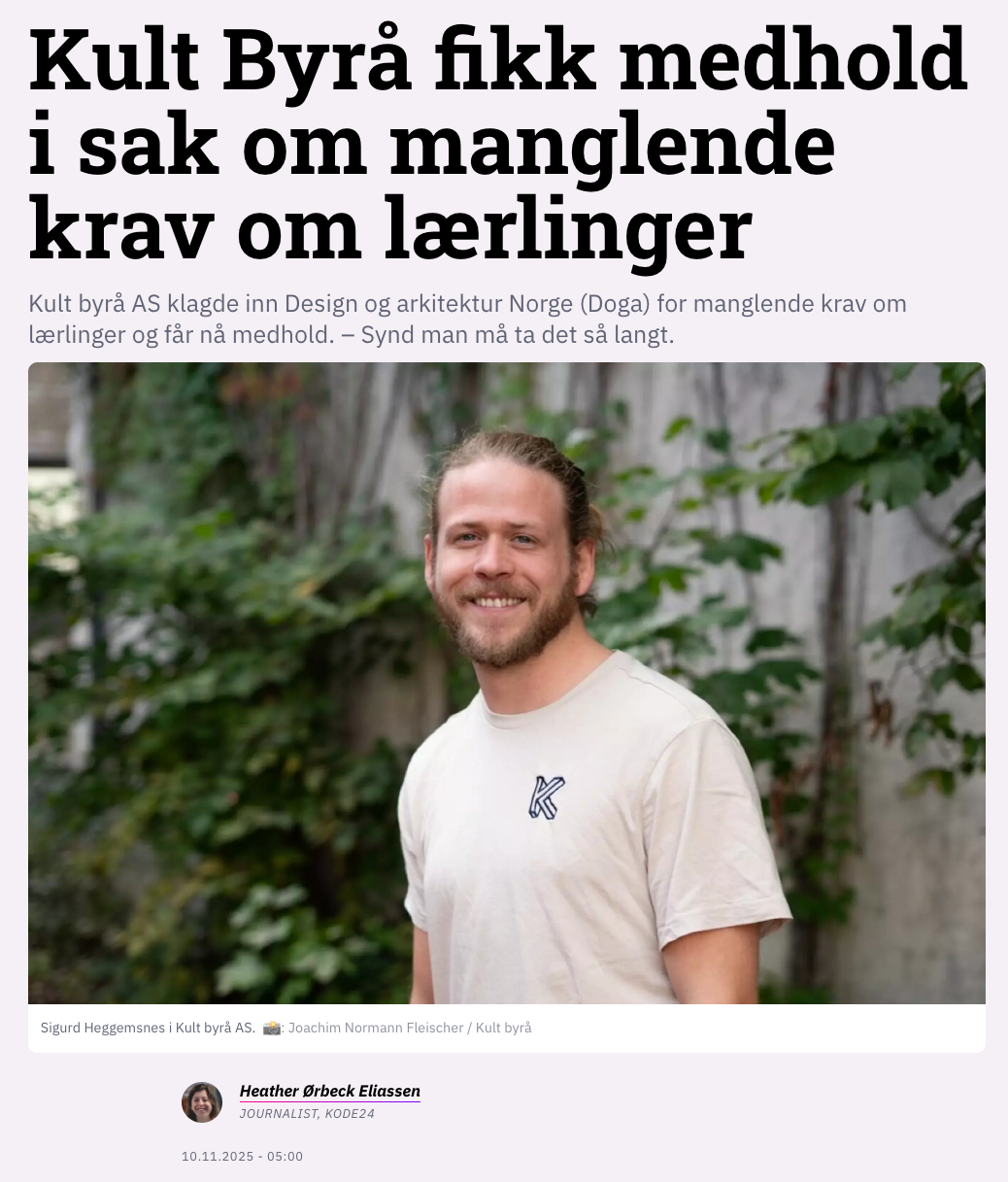Faksimile fra Kode24 med sak om at Kult Byrå fikk medhold i sak om manglende krav om lærlinger. 