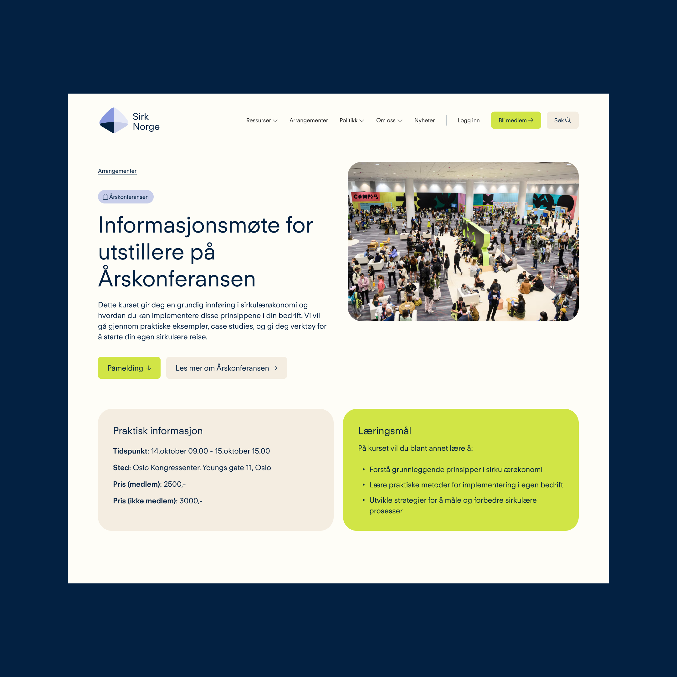 a screenshot of a website that says " informasjonsmøte for utstillere på arskonferencen "