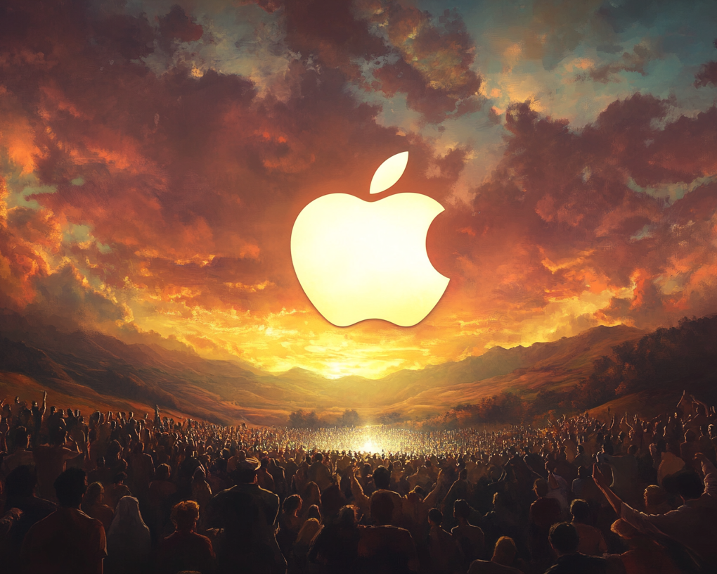 En gruppe med religiøse mennesker tilber apple sin logo som er i skyen, religiøs motiv. Illustrasjon / AI-generert bilde.