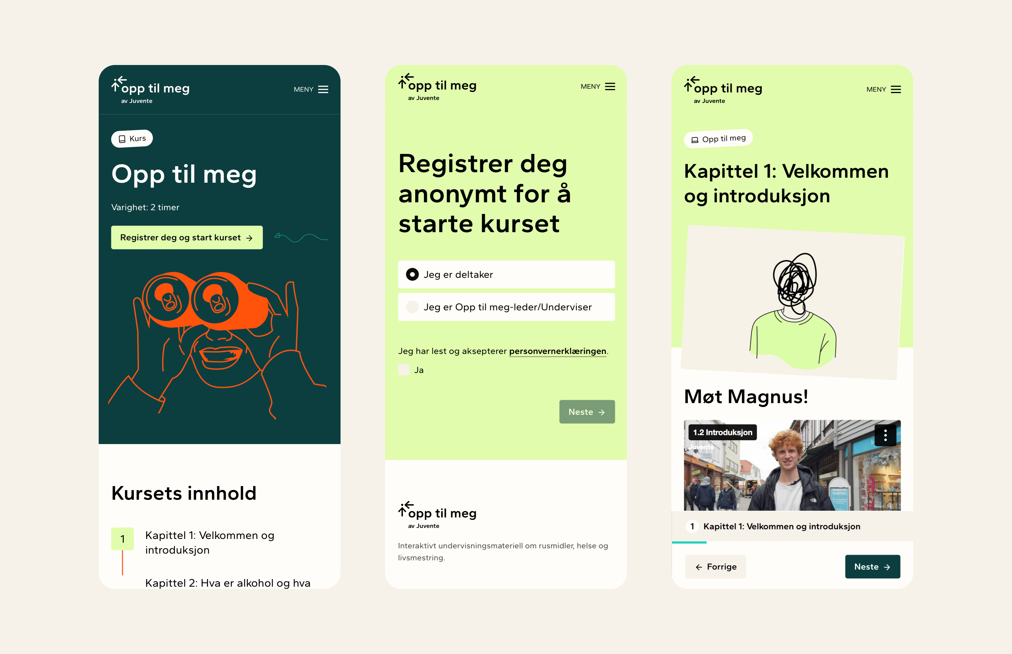 Viser tre screens fra kurset 