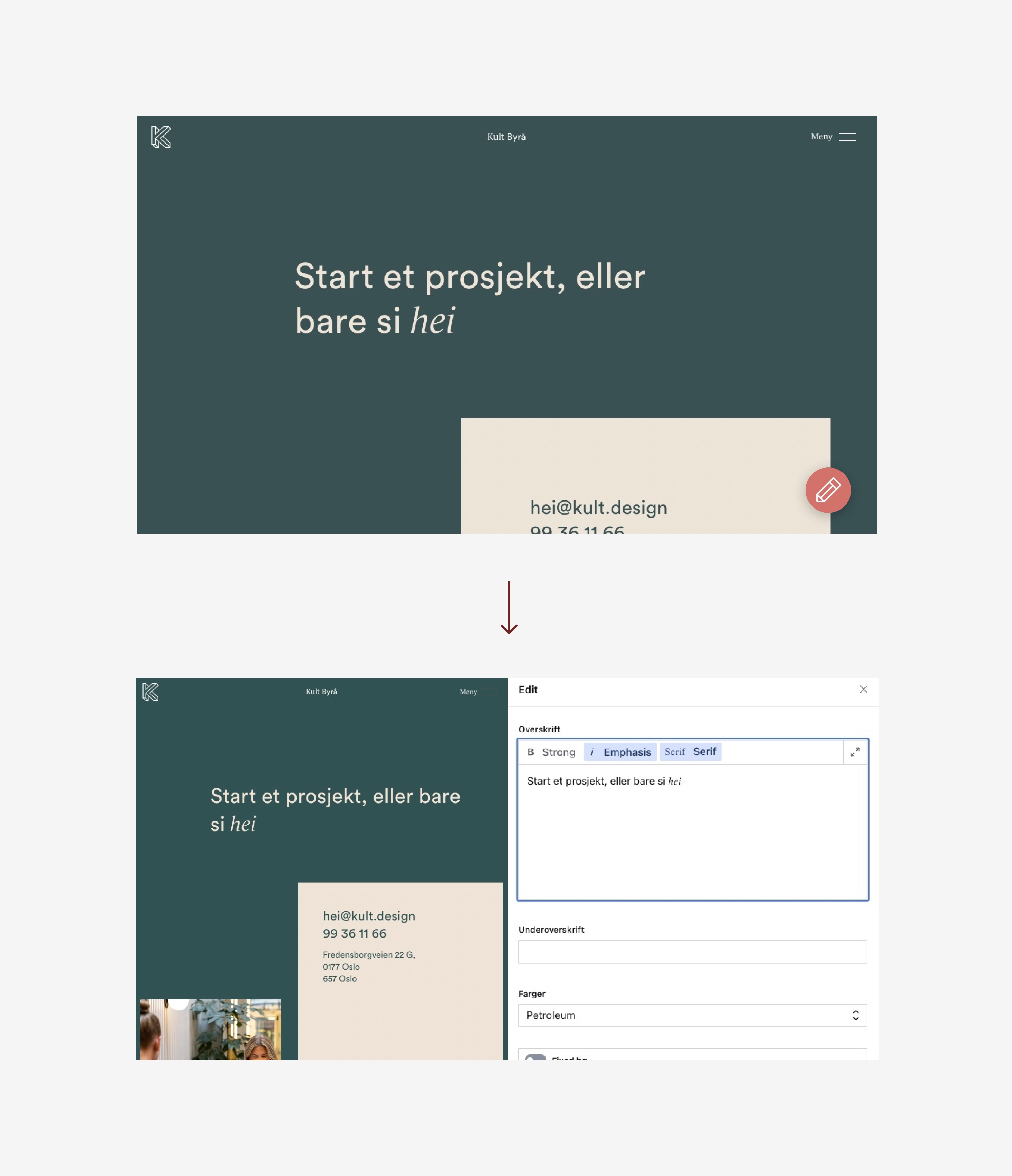 et skjermbilde av et nettsted som sier 'start et prosjekt, eller bare si hei'.