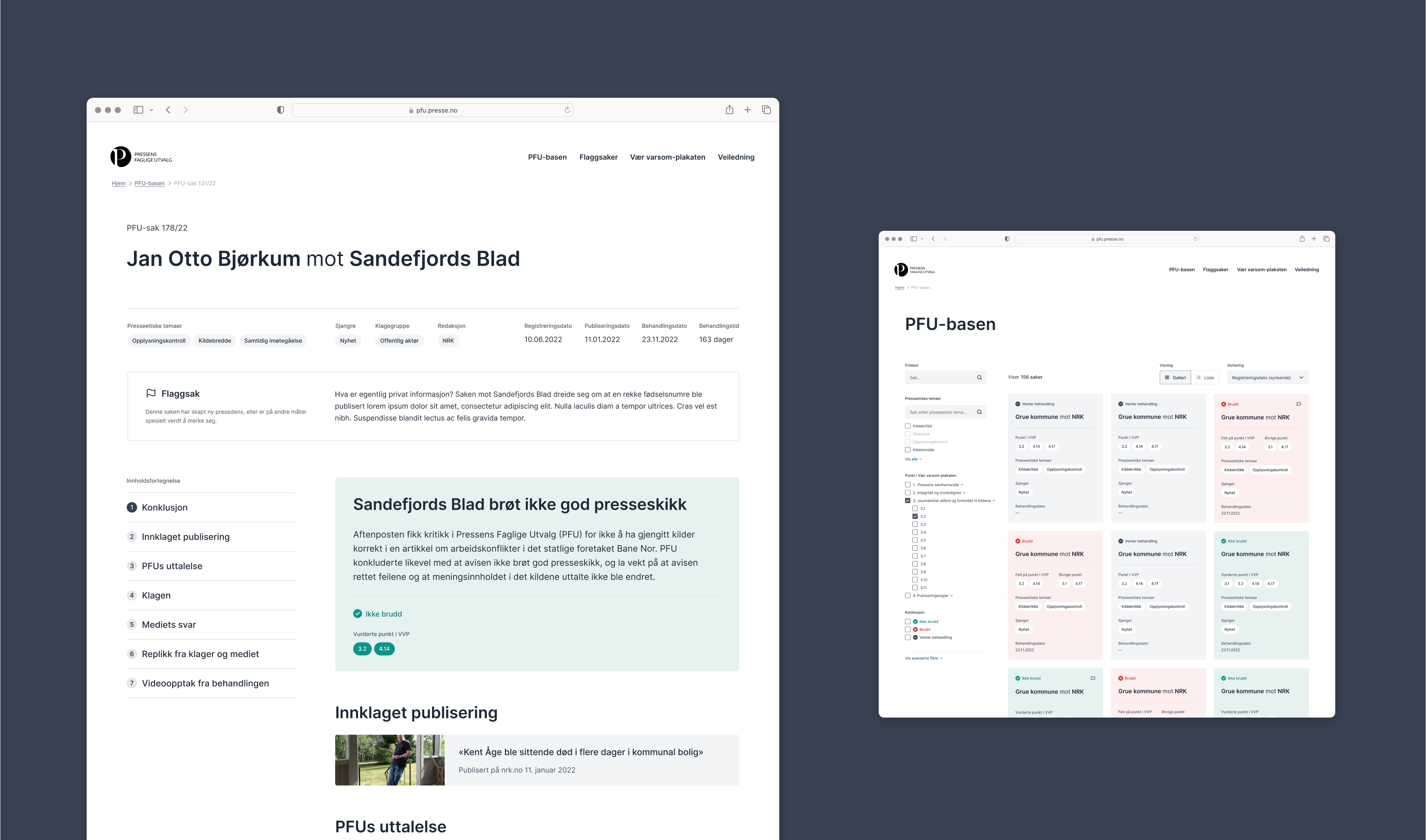 a computer screen showing a page titled jan otto bjørnum mot sandefjords blad