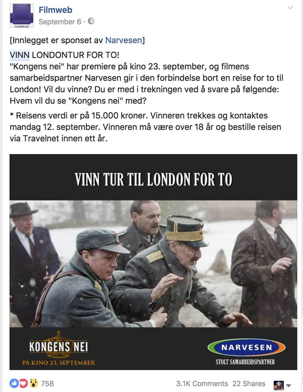 Eksempel fra FilmWeb sin facebook konkurranse: Vinn tur for to til London