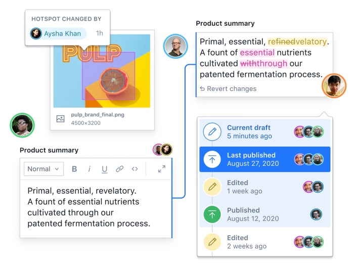Viser ulike eksempler på hvordan versjonshistorikk og samarbeid funker i Sanity. 