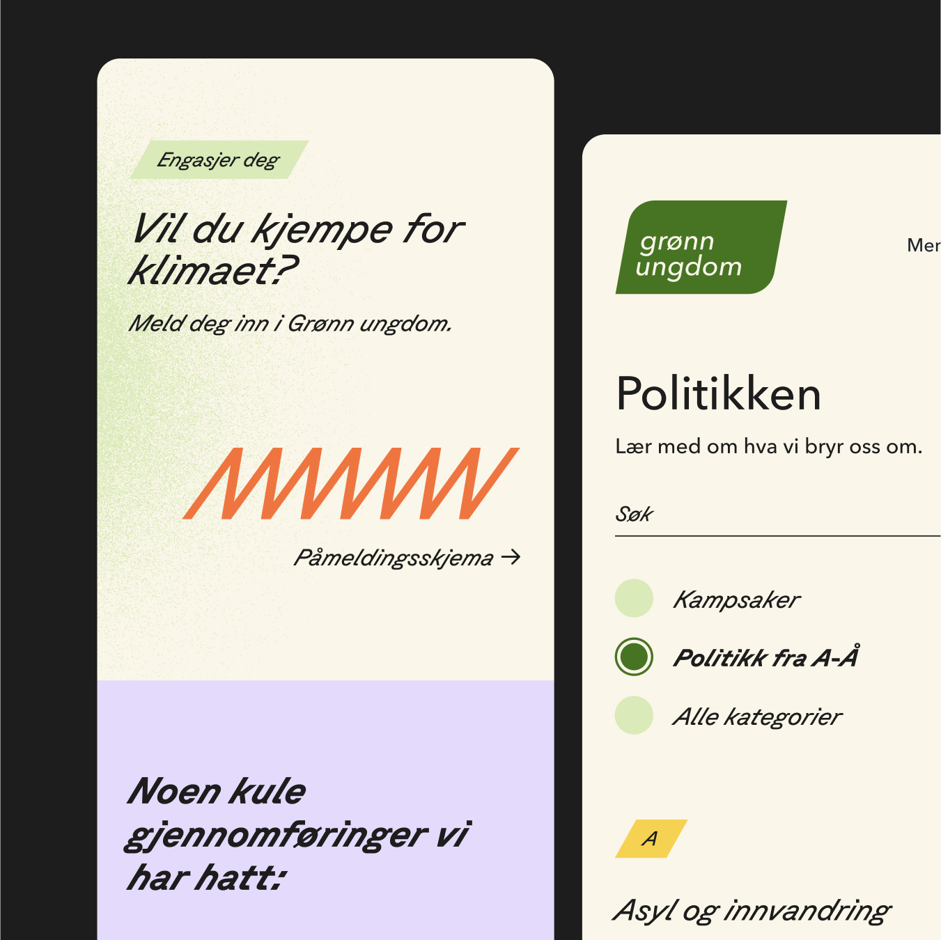 Skjermbilder av nettsiden på mobil