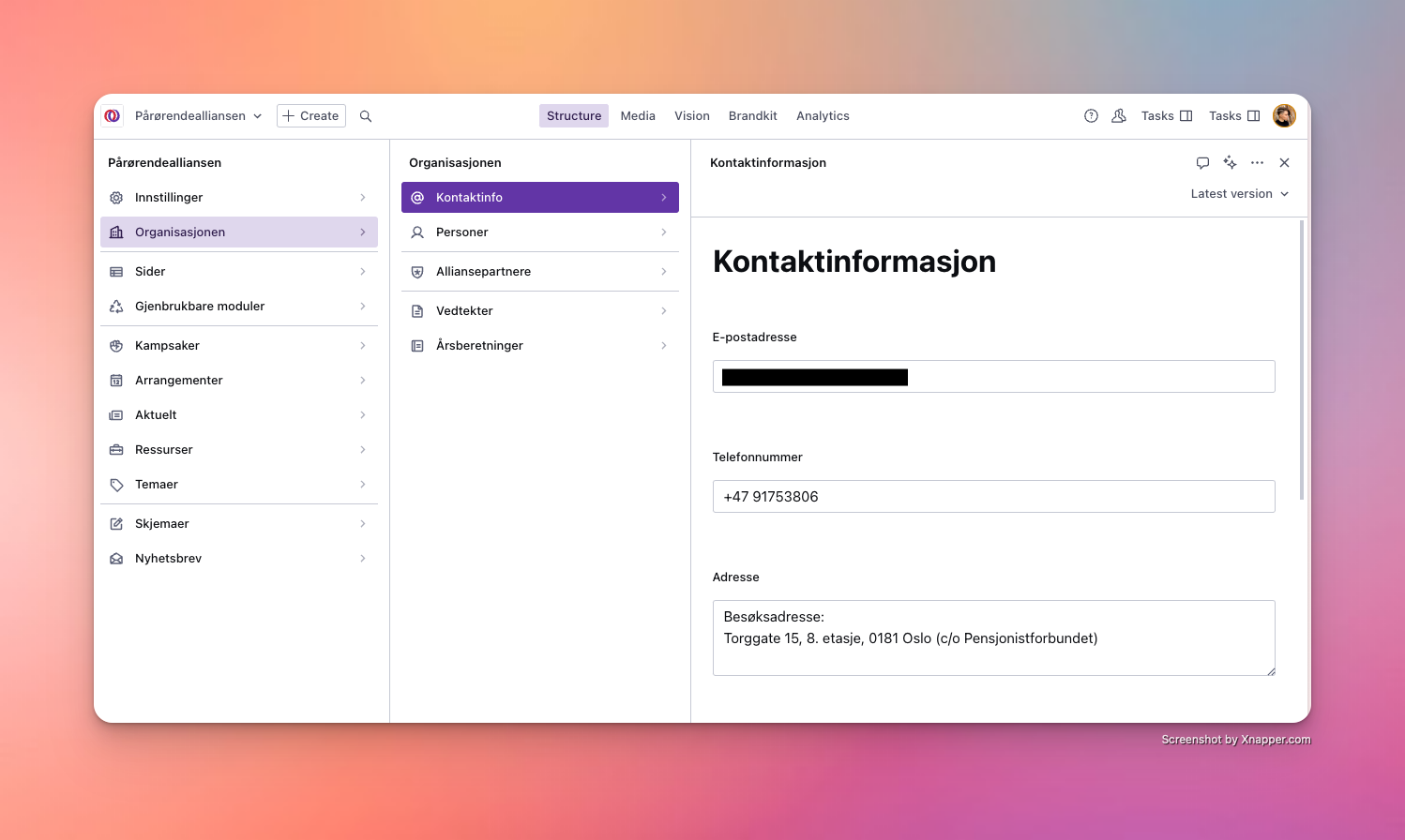 a screenshot of a web page that says kontaktinformasjon