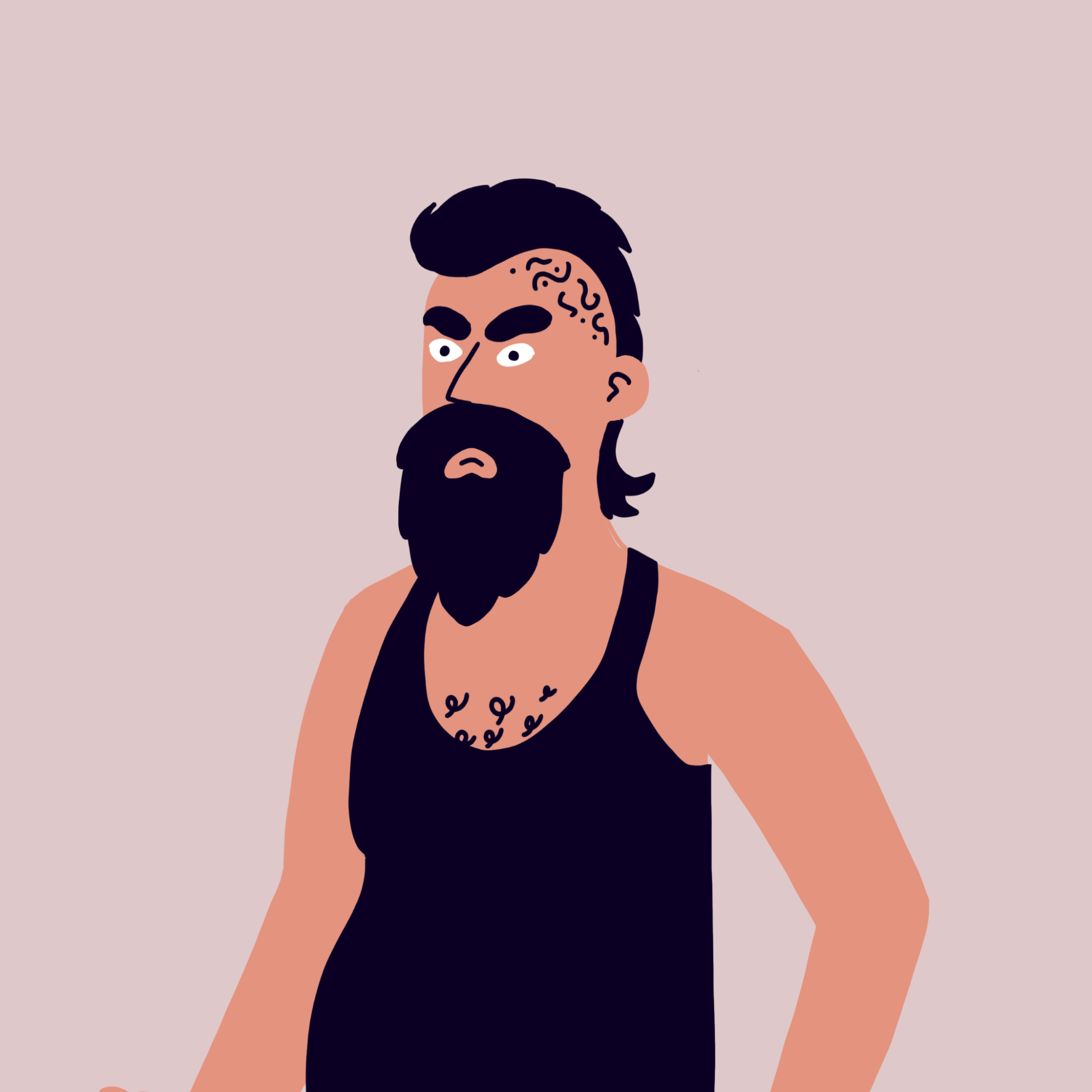 Illustrasjon av sint mann med hanekam og singlet