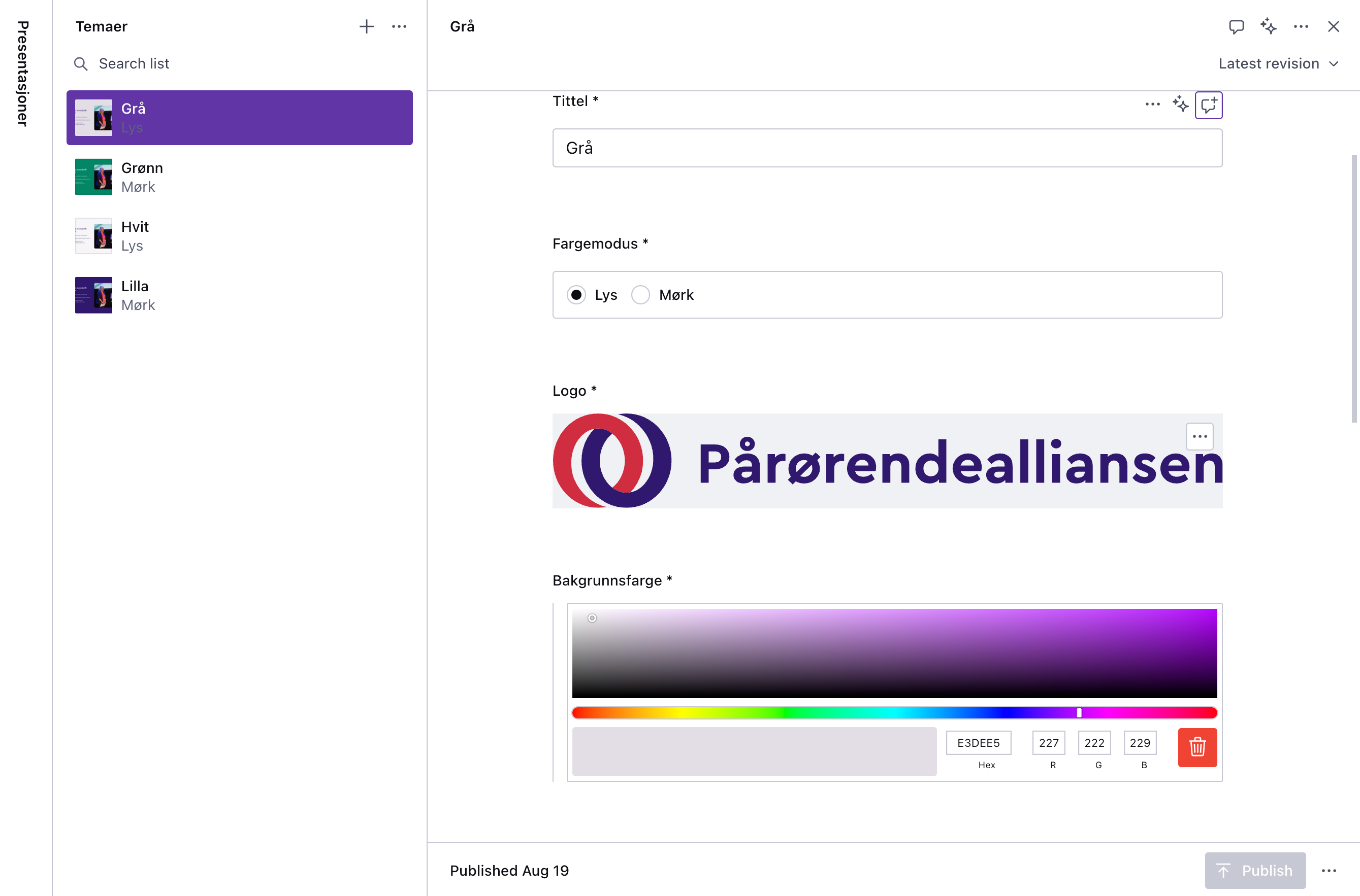 Viser hvordan man kan endre farger på de ulike malene