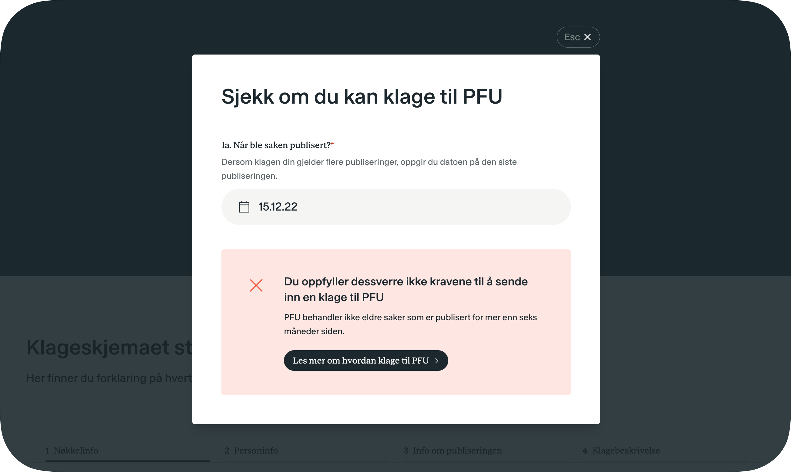 A Norwegian dialog box shows a complaint form with a date input "15.12.22" and an error message stating that cases published more than six months ago are not handled.