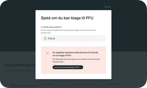 Norwegian dialog rejecting a PFU complaint because the December 15, 2022 publication date is older than six months.