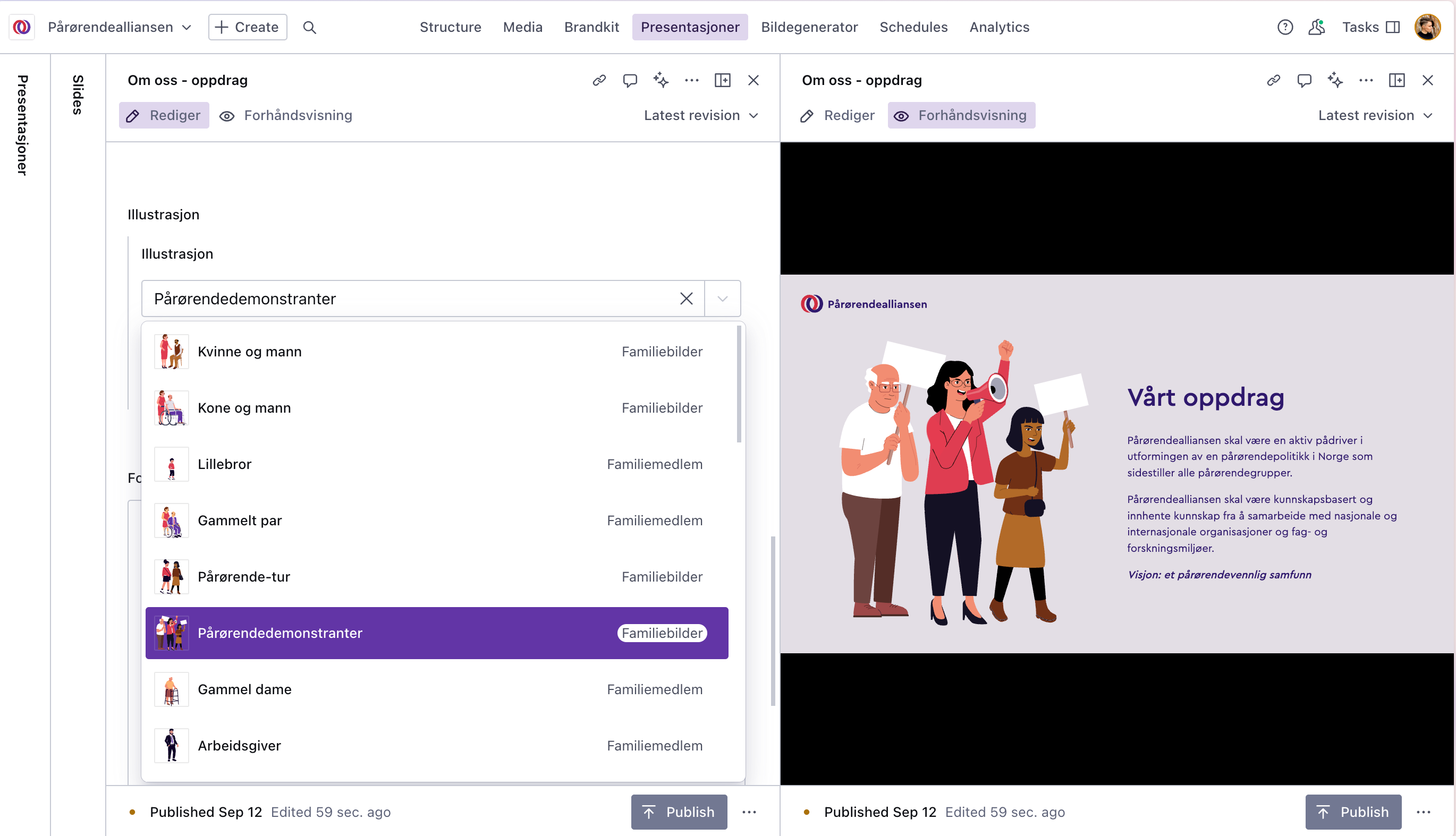 Viser skjermbilde av presentasjonsgeneratoren i Sanity, og hvordan man enkelt kan endre illustrasjon på en slide