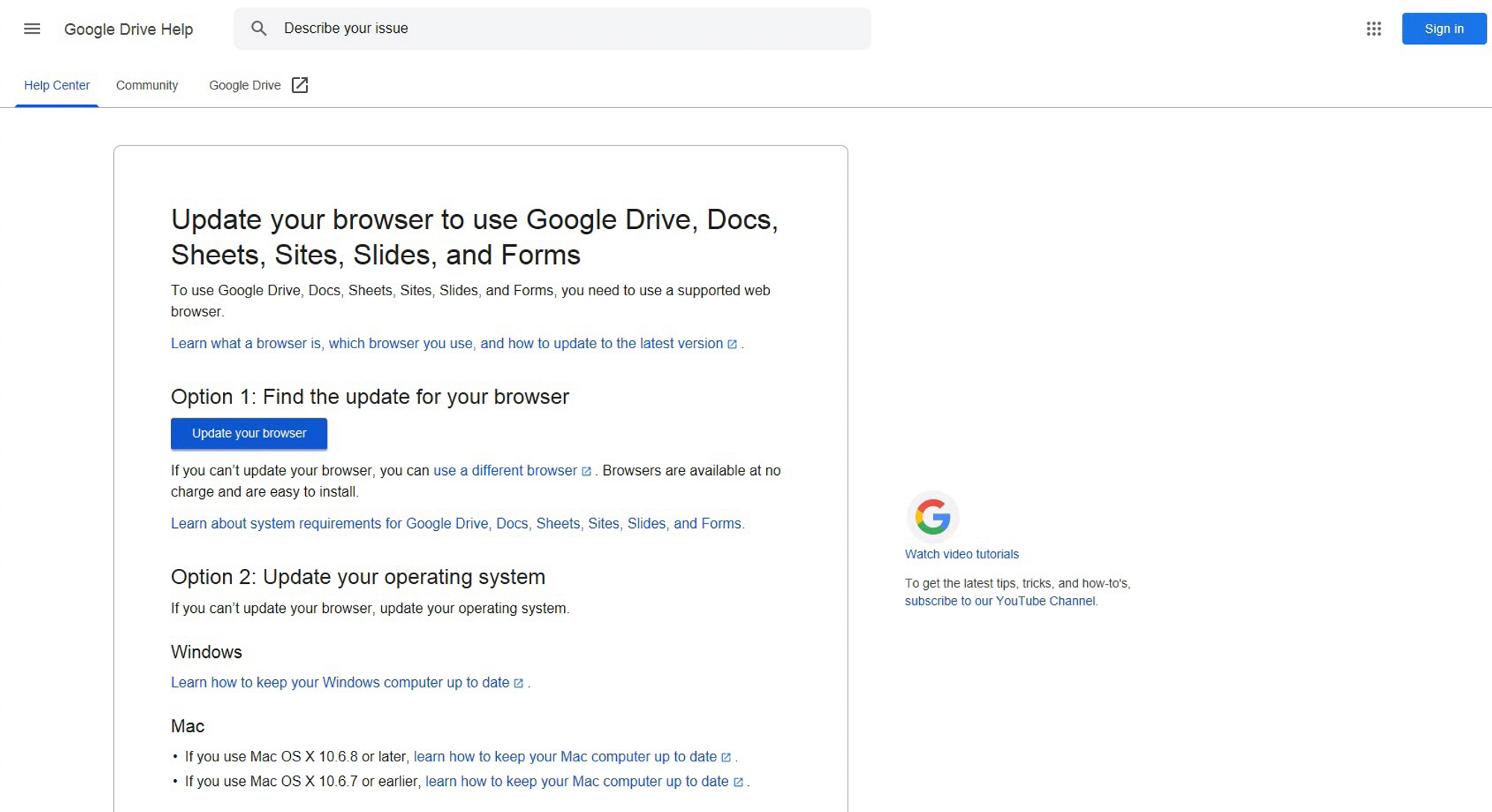 et skjermbilde av hjelpesiden for Google Drive
