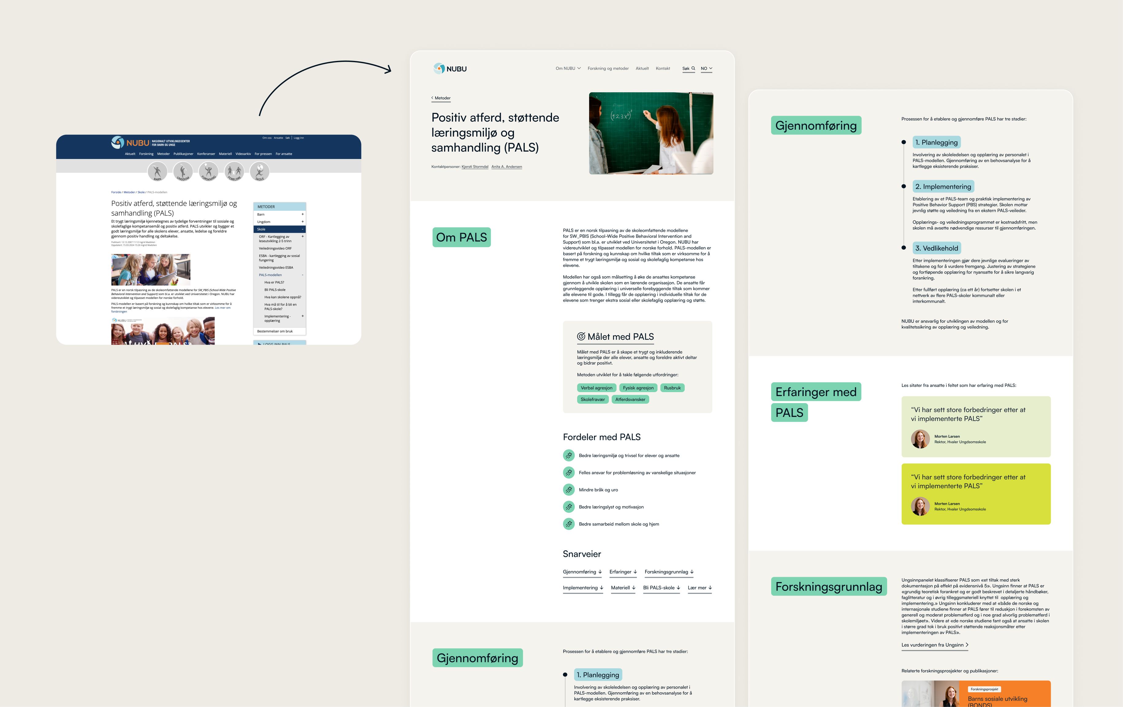 Sammenligning av NUBUs gamle og nye nettside som viser den visuelle transformasjonen og moderniseringen av designet
