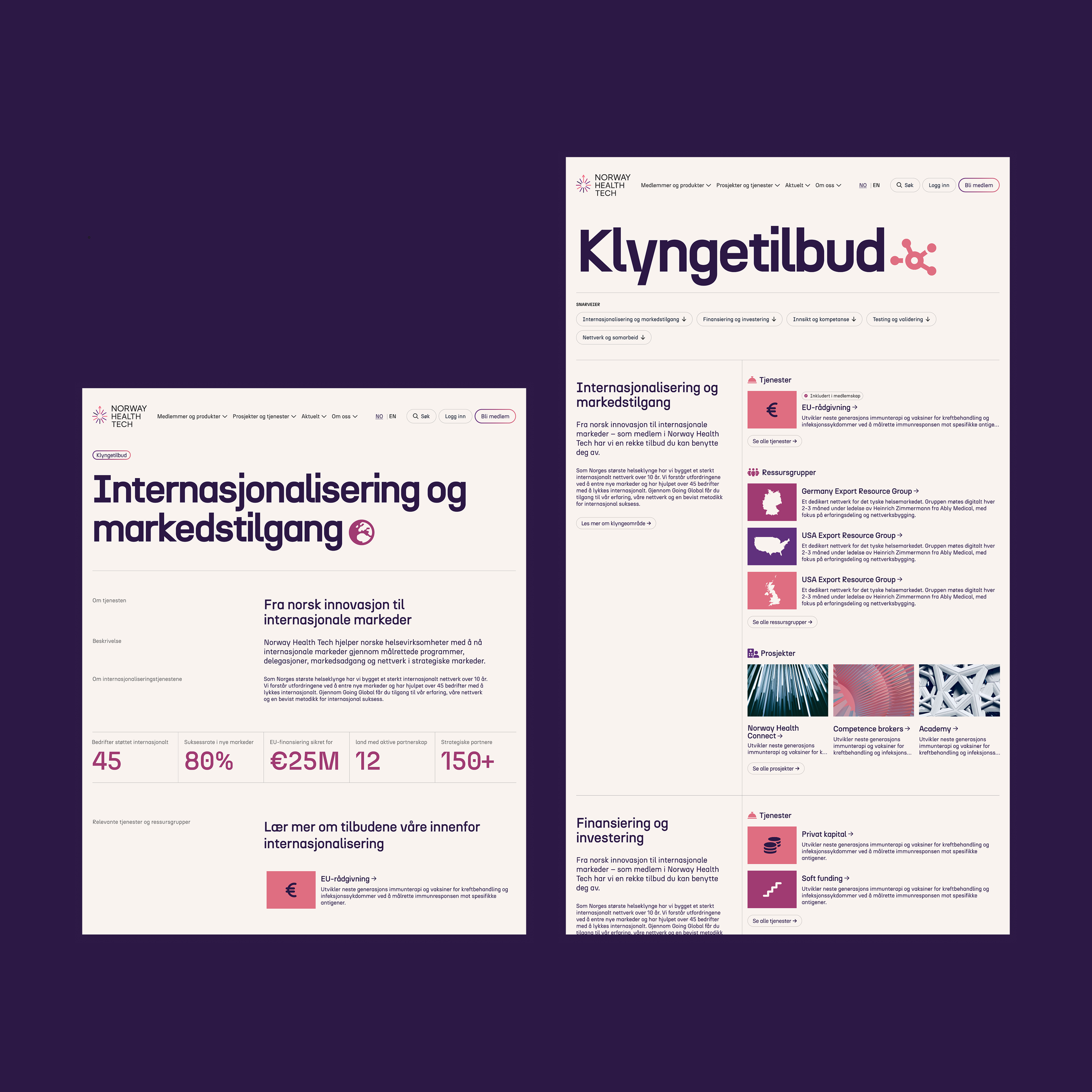 Skjermbilde av klyngetilbud-siden på Norway Health Tech med lilla bakgrunn