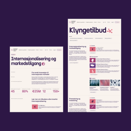 Skjermbilde av klyngetilbud-siden på Norway Health Tech med lilla bakgrunn