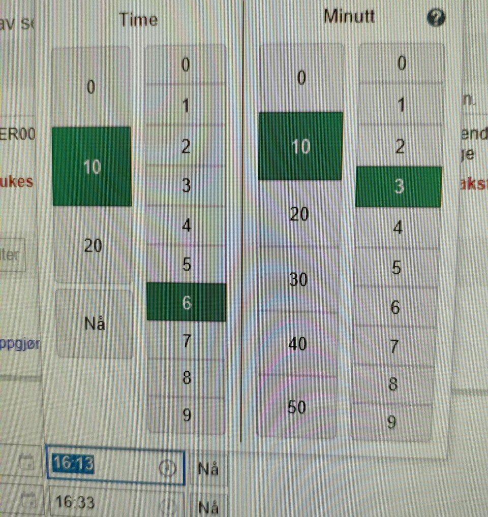 eksempel på hvordan man velger tidspunkt i helseplattformen, gjennom et veldig forvirrende brukergrensesnitt. 