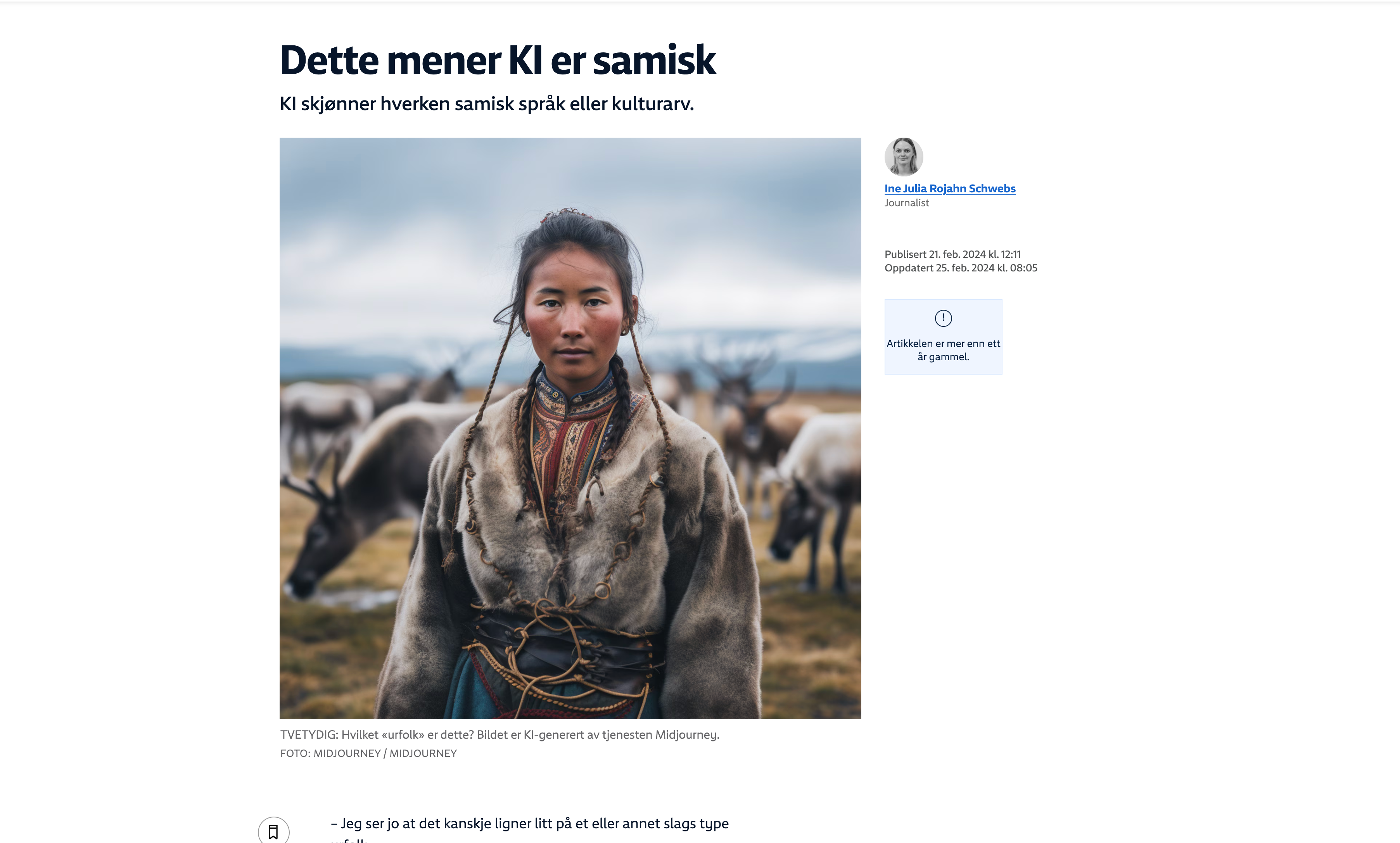 Faksimile fra Nrk.no med Saken "Dette mener KI er samisk" med bilde av en kvinne som ser ut som en indianer blandet med inuitt blandet med reinsdyr i bakgrunnen. 