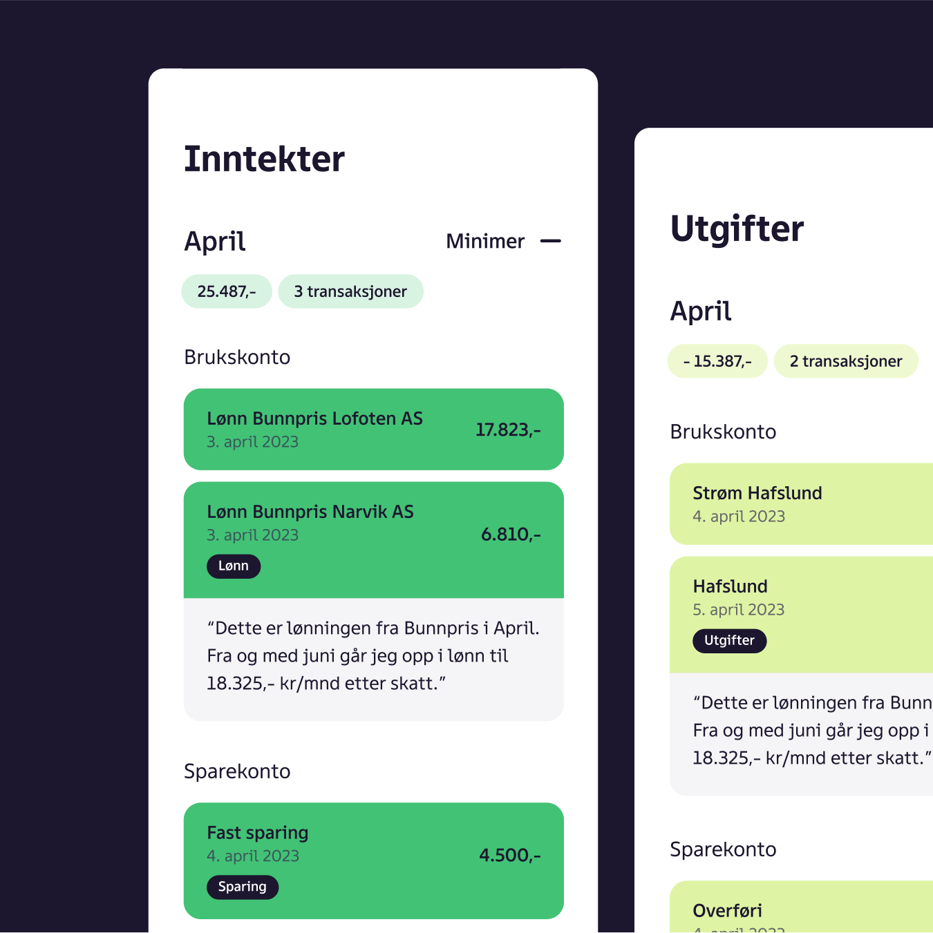 Skjermbilder av tjenesten – transaksjoner i grønt og gult