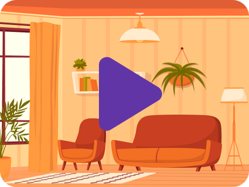 Viser en animert stue og en play button på toppen