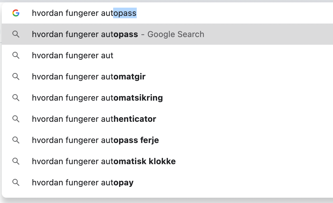 Eksempel på hvordan google auto-utfyller søkene for deg i adressefeltet