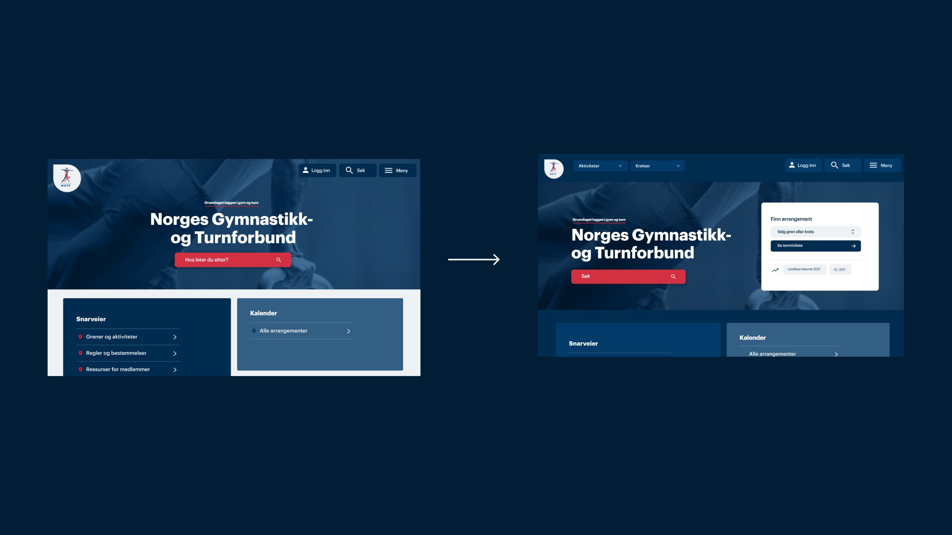 Bilde av nettsiden til NGTF før og etter redesign