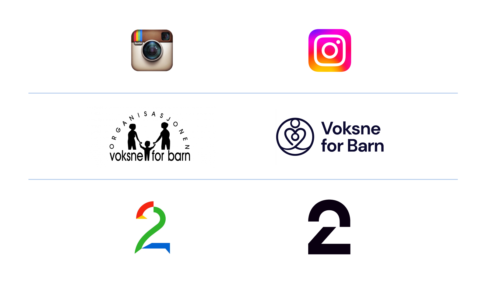 Nye og gamle logoer til Instagram, Voksne for Barn og TV2, satt ved siden av hverandre