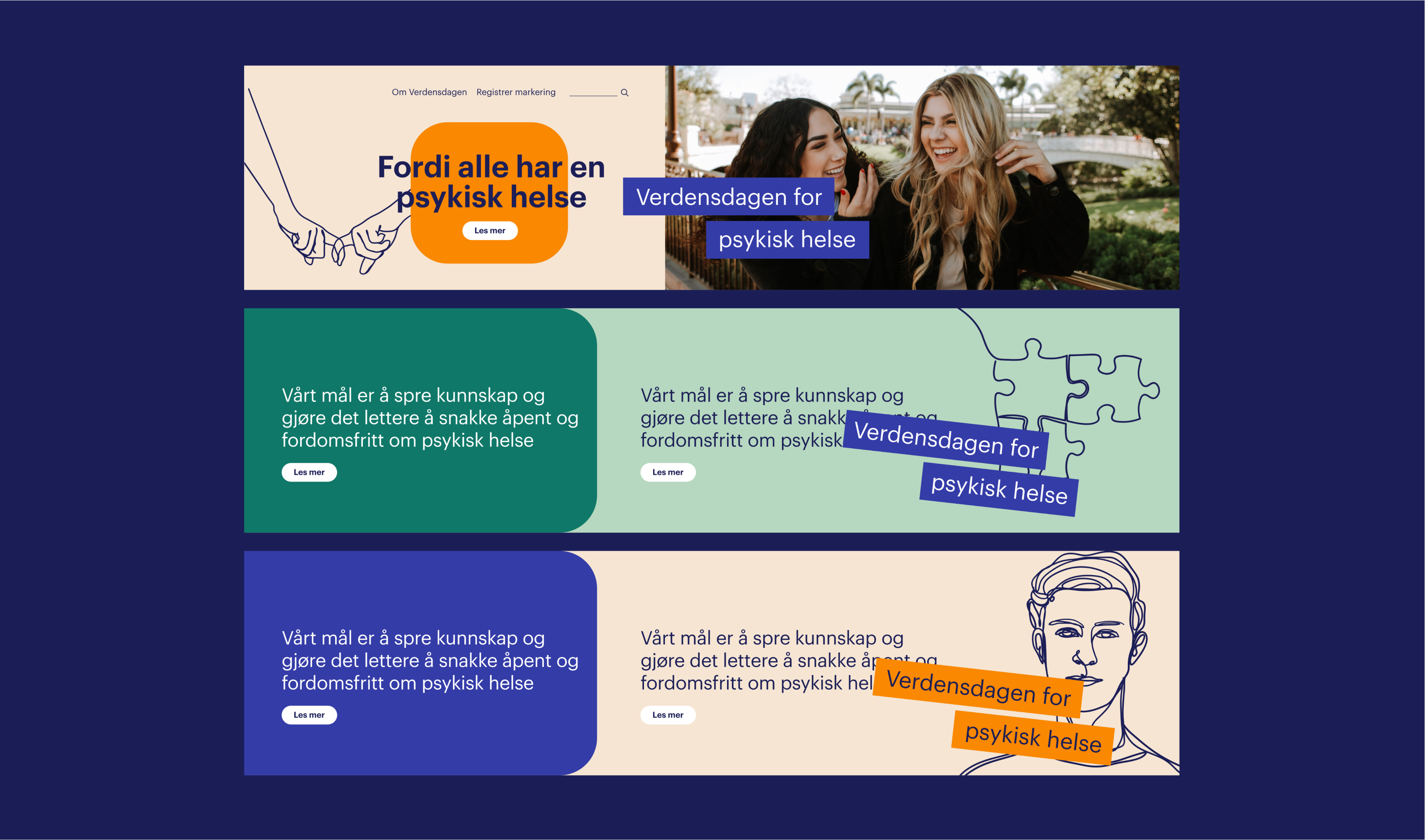 Moodboards med harmoniske farger, smilende jenter og strekillustrasjoner