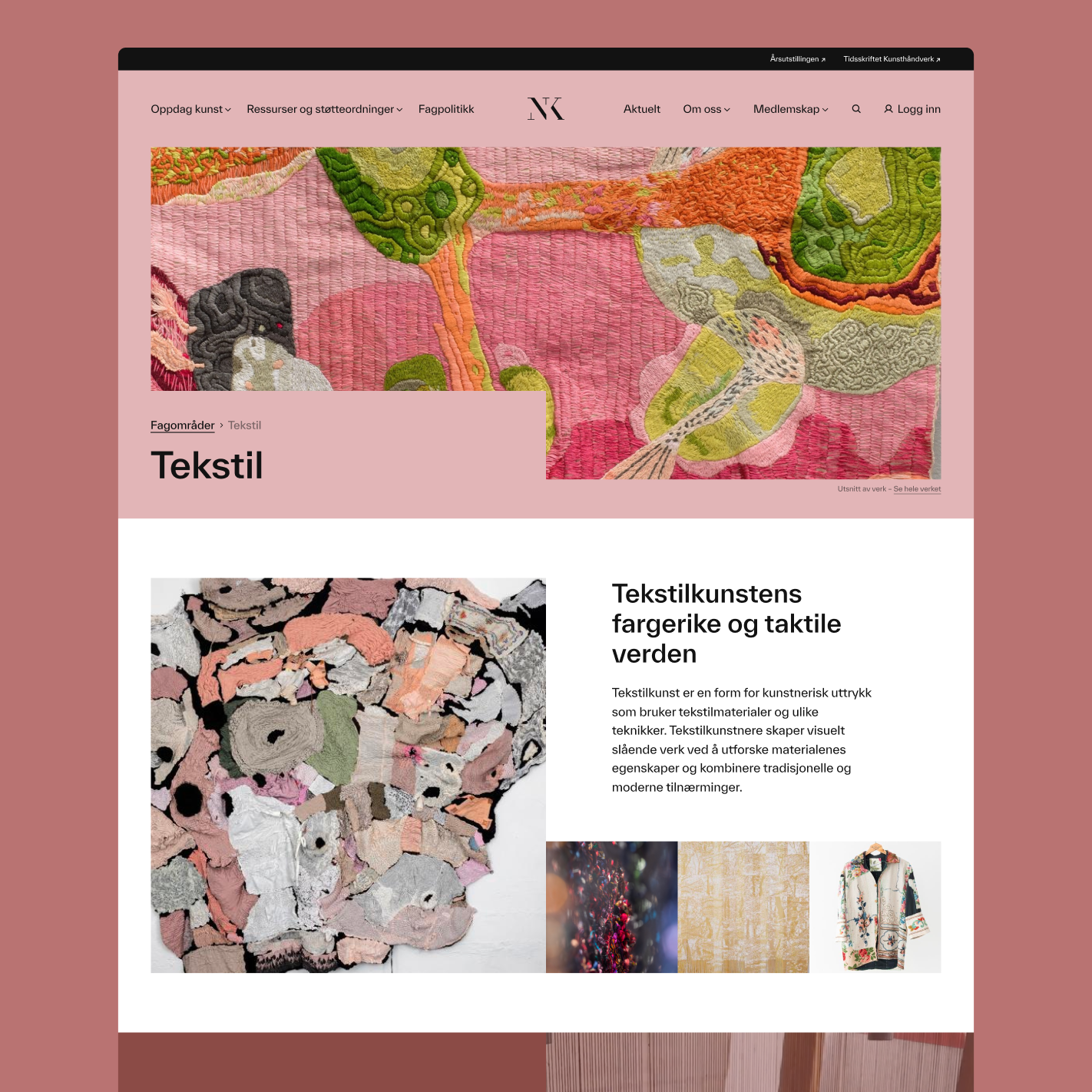 Skjermbilde av landingssiden "tekstil"