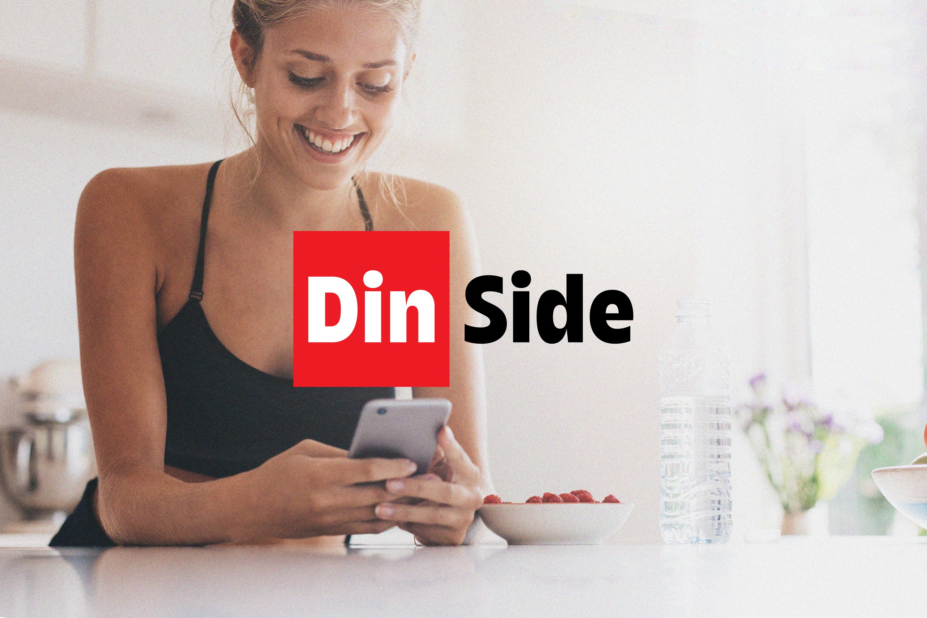 Din side logo, med dame som ser på mobil i bakgrunnen. Foto og grafikk.