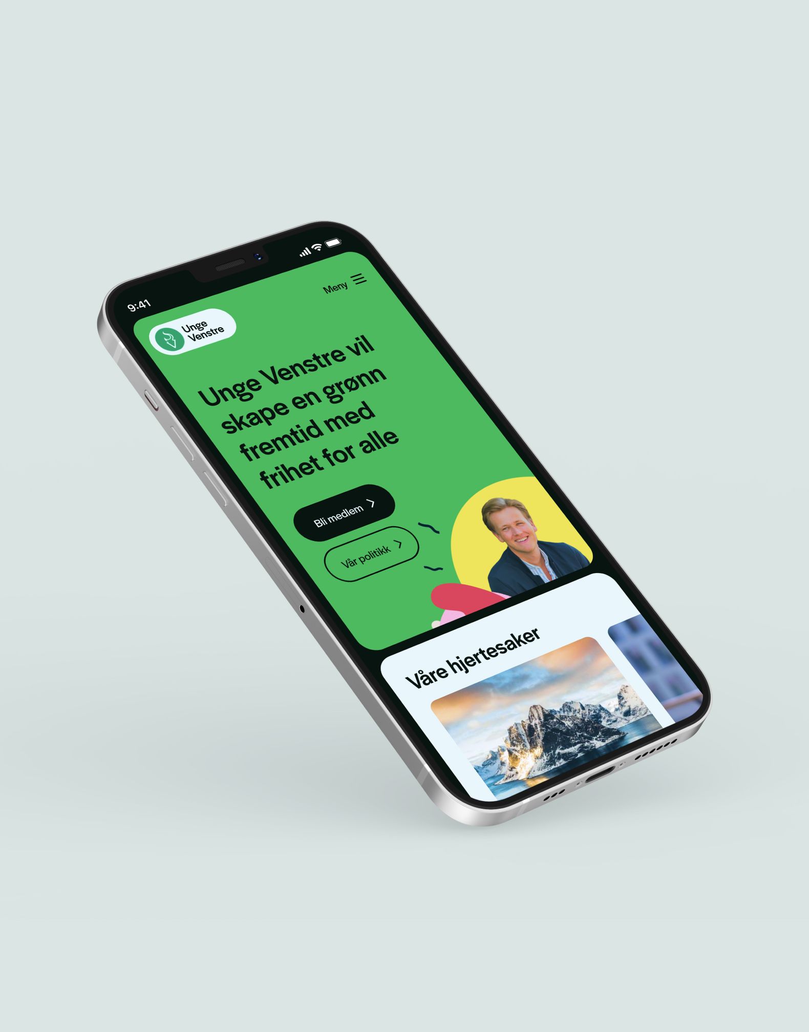 Nettsiden til Unge Venstre på mobil. "Unge Venstre vil skape en grønn fremtid med frihet for alle". 
