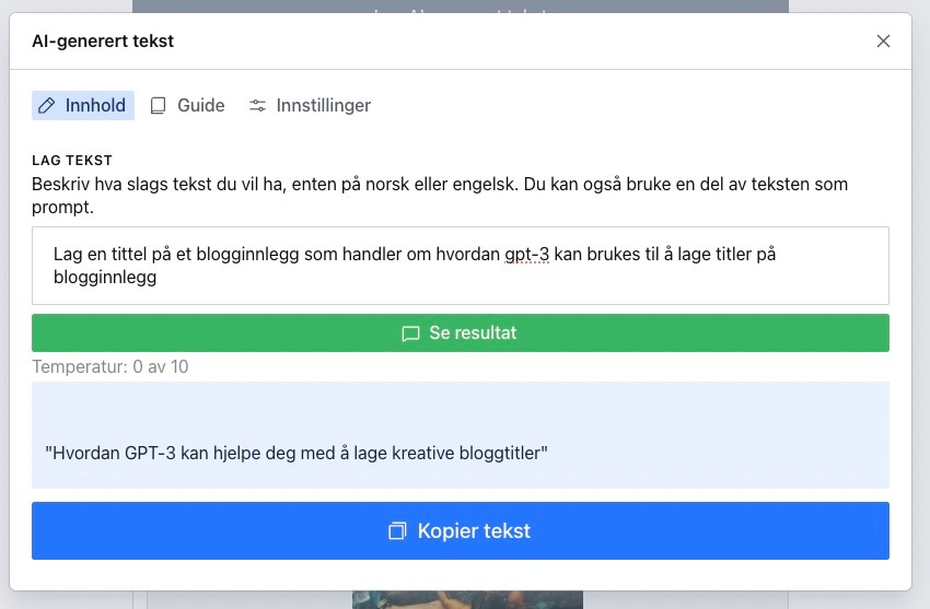 et skjermbilde av en side med en grønn knapp som sier kopier tekst
