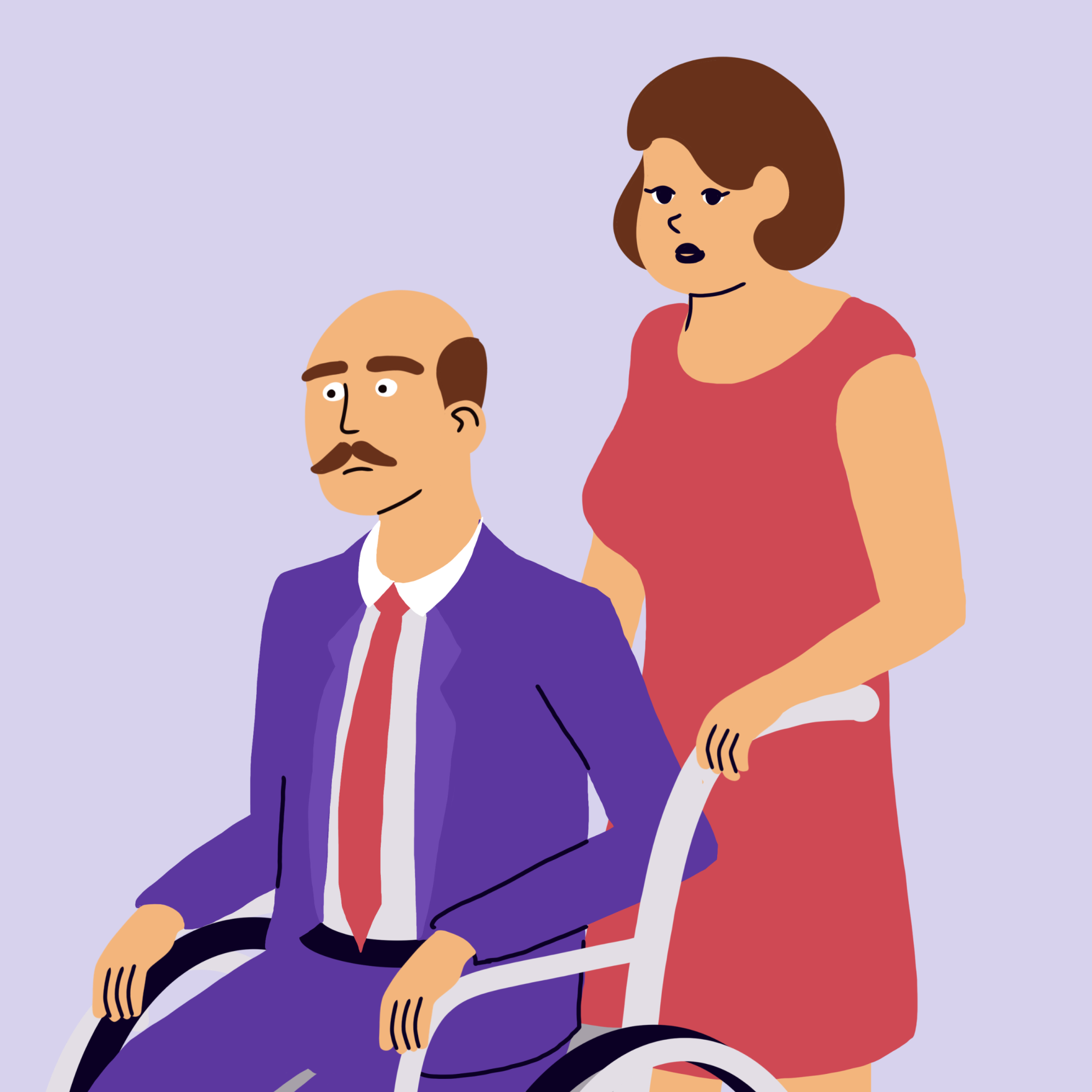 Illustrasjon av dame som triller en mann i rullestol