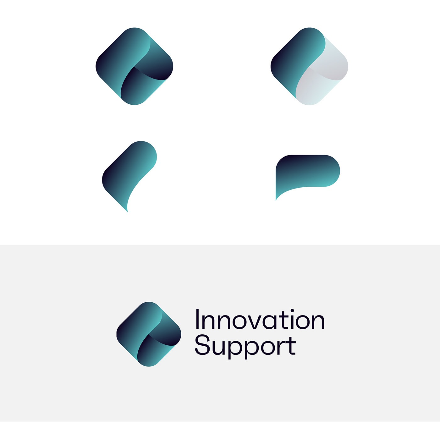Tre snakkebobler blir satt sammen for å danne en diamantform, som er logoen til Innovation Support. 