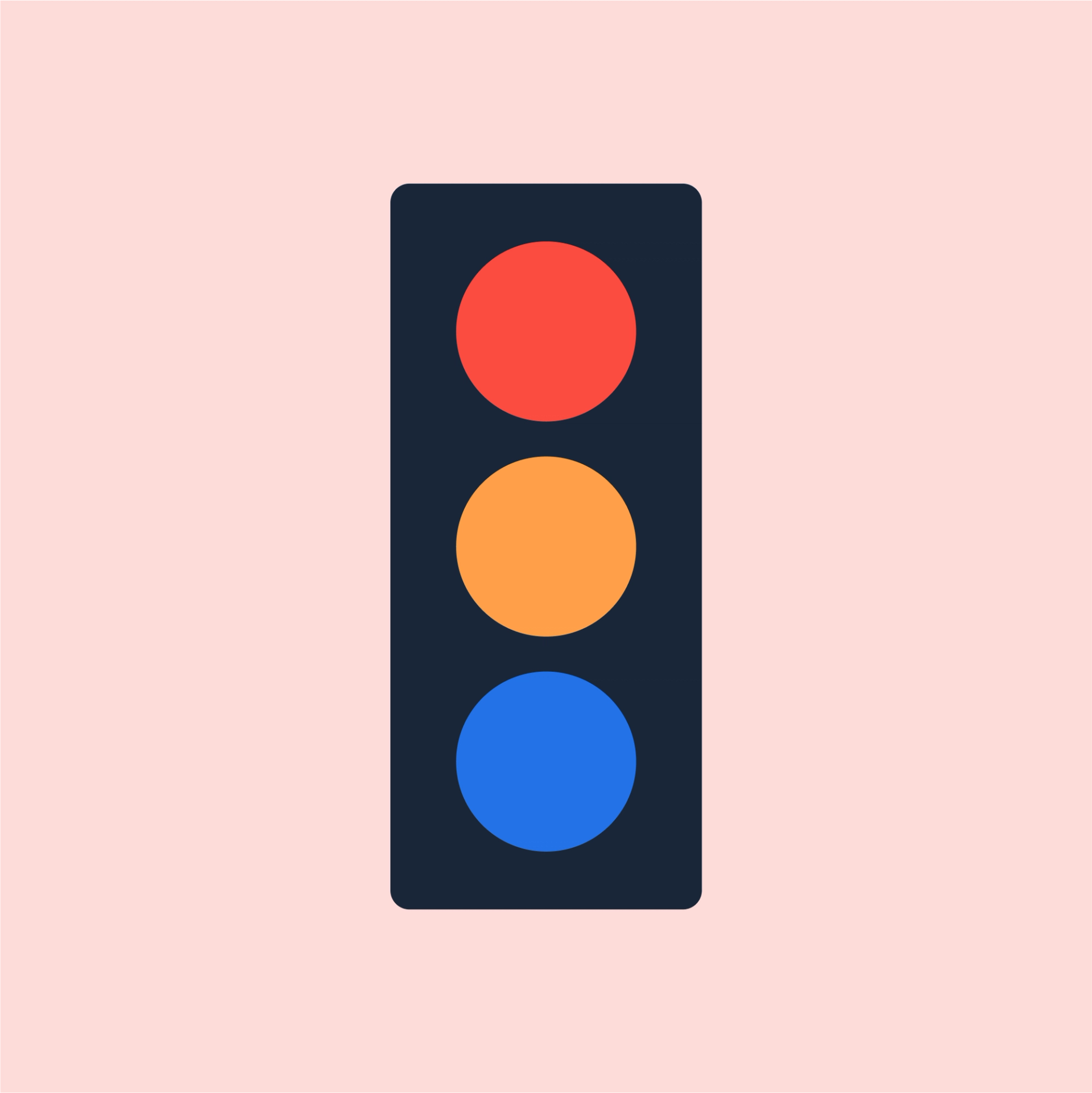 a traffic light with red orange and blue circles on a pink background