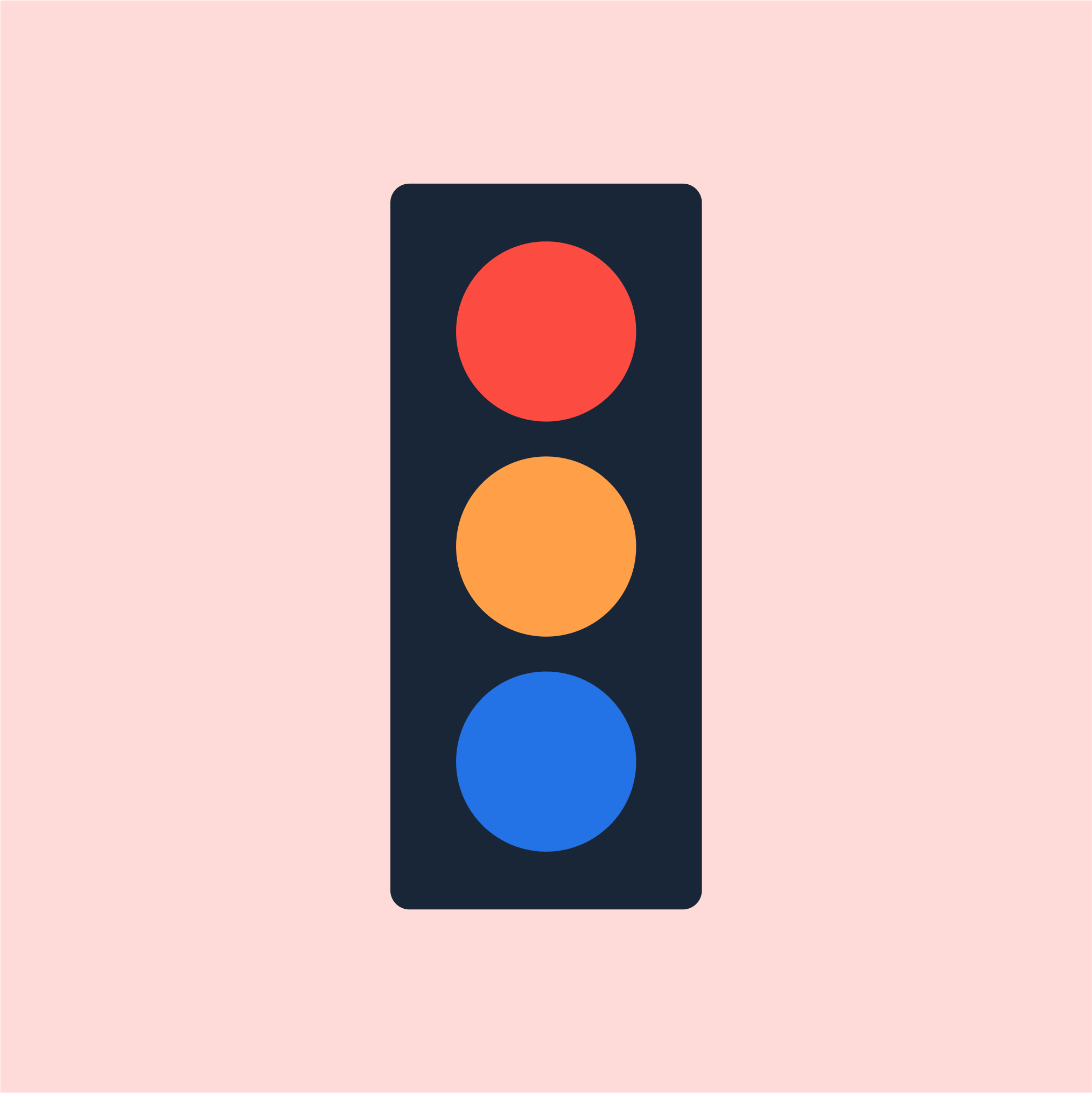 a traffic light with red orange and blue circles on a pink background