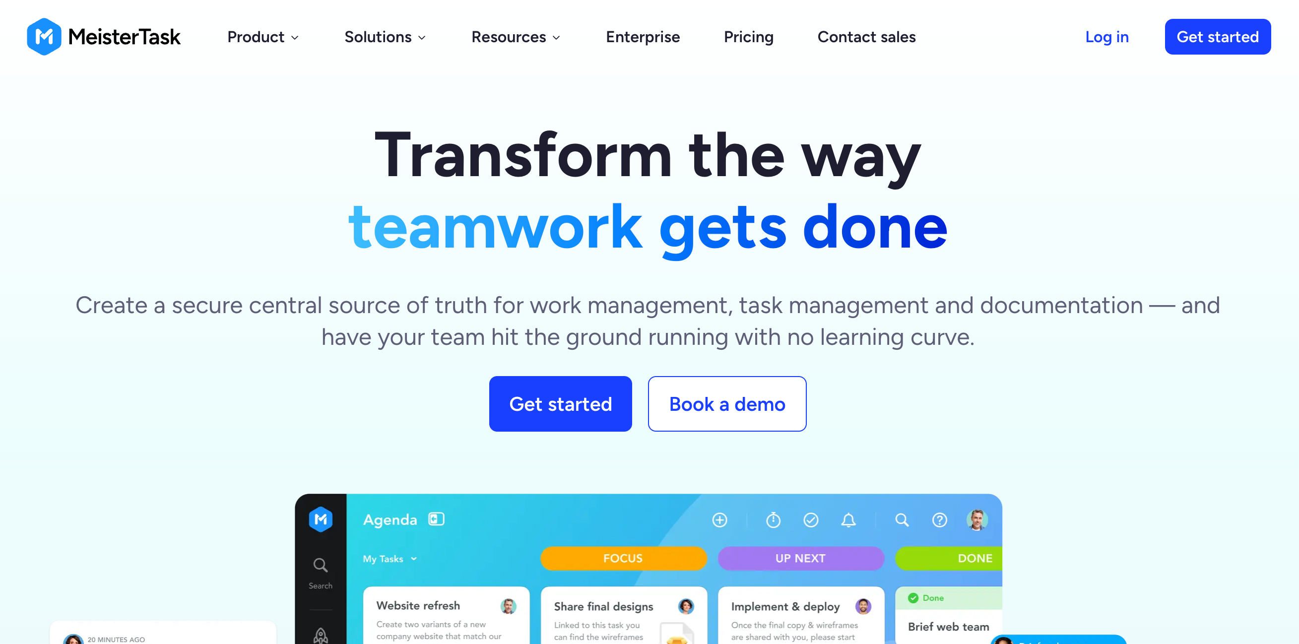 MeisterTask forside hvor det står: Transform the way teamwork gets done