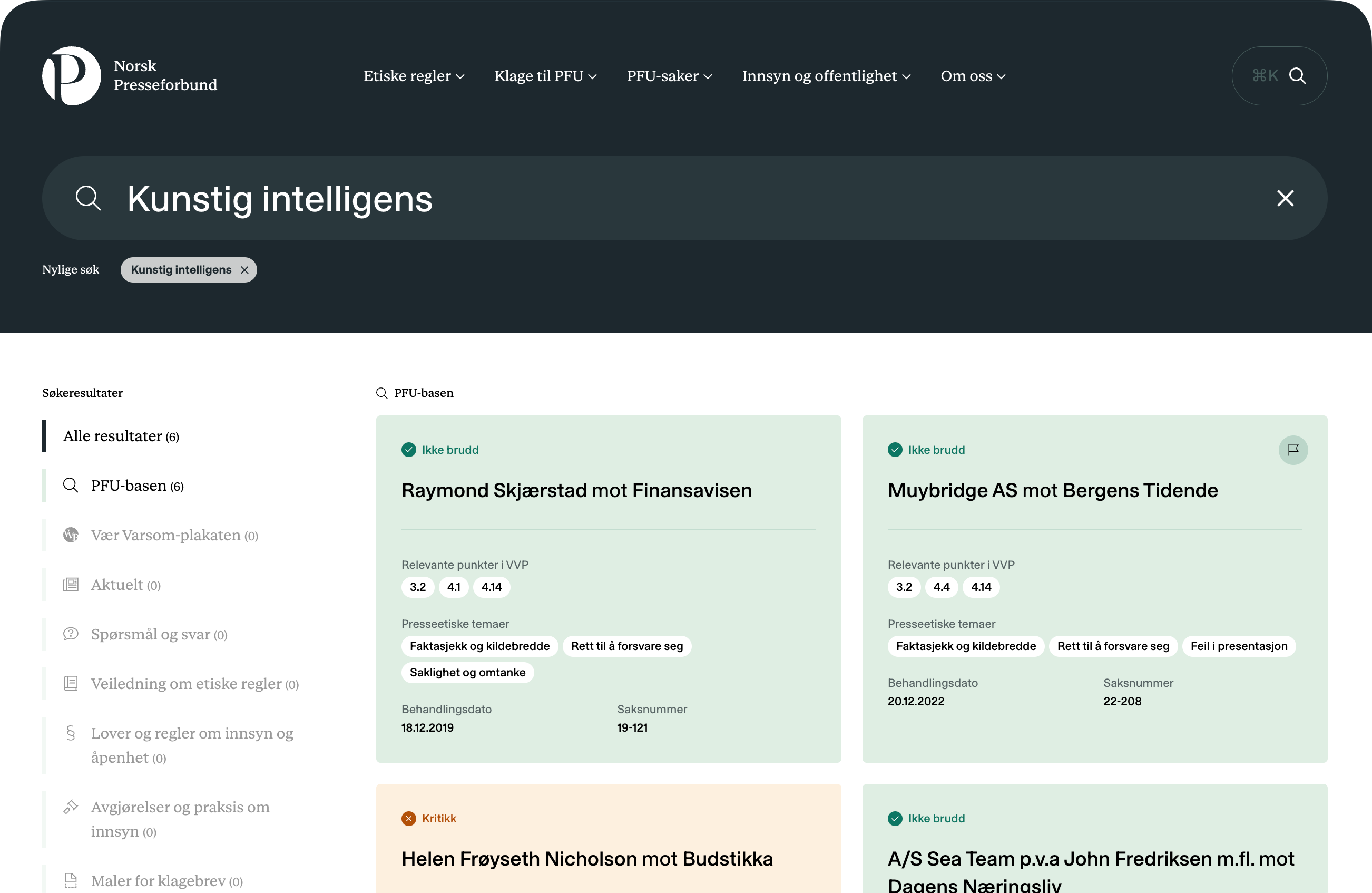 Website from the Norwegian Press Association displaying search results for "Kunstig intelligens" (Artificial intelligence), with a list of press cases and articles.