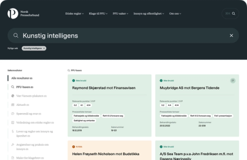 Website from the Norwegian Press Association displaying search results for "Kunstig intelligens" (Artificial intelligence), with a list of press cases and articles.