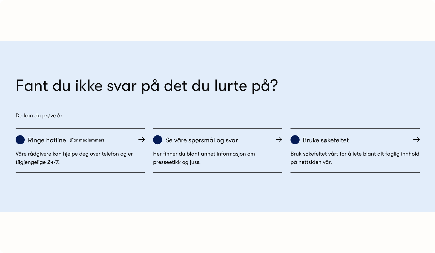 a blue and white page with the words fant du ikke svar på det du lurte på