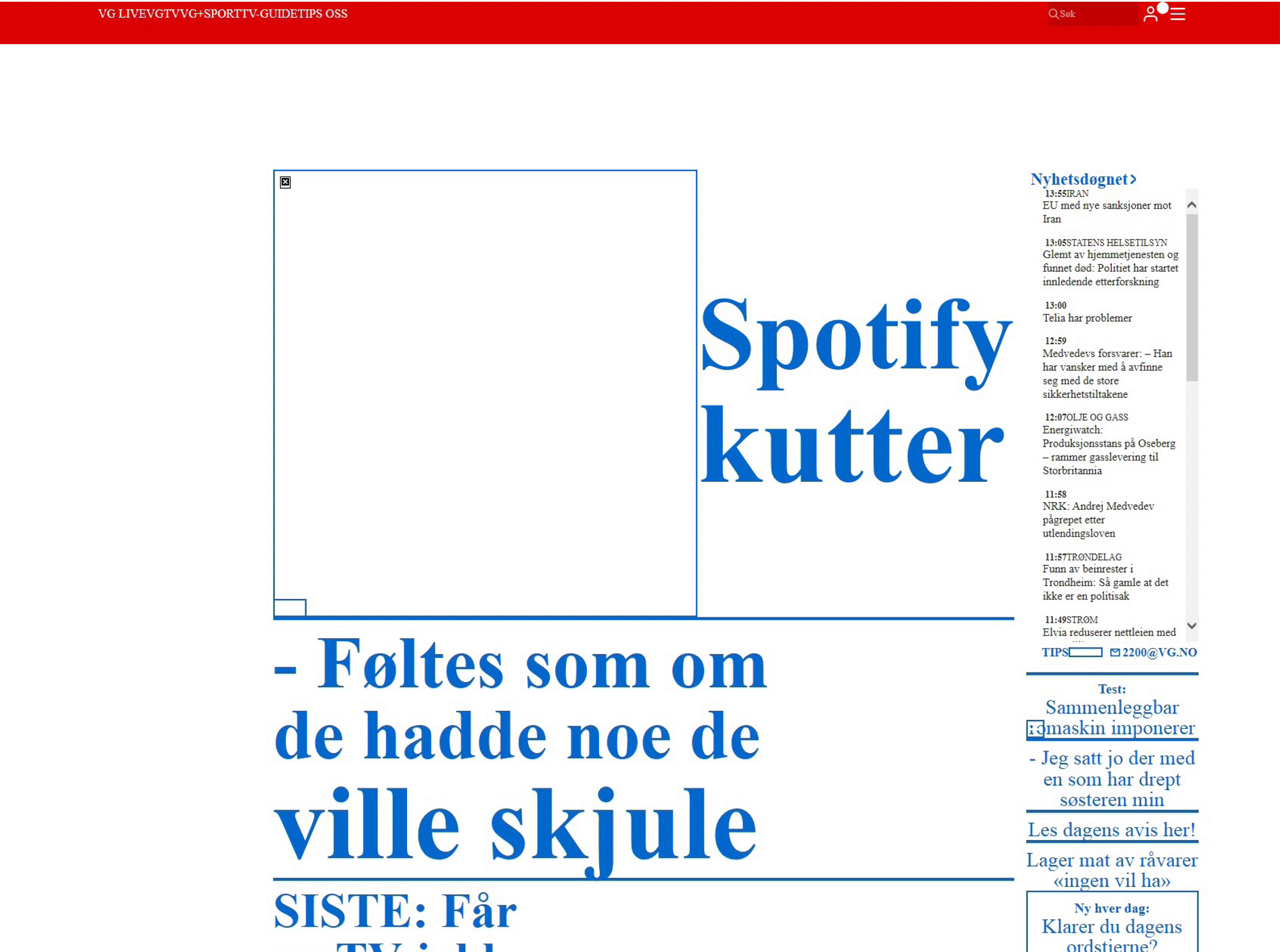 a screenshot forsidne til vg på en gammel nettsleser som ikke fungerer, bilder mangler etc. 