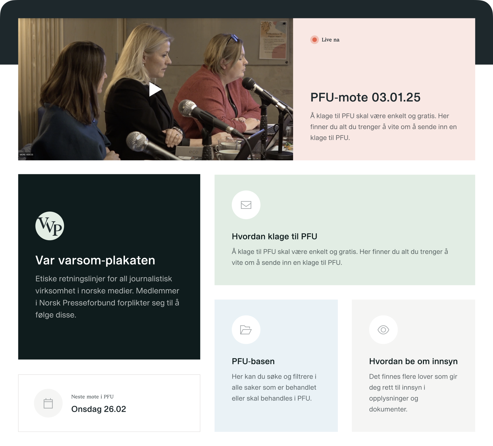 Norwegian website for the Press Complaints Commission (PFU), featuring a video of a panel discussion and information blocks on complaints, ethics, and a case database.
